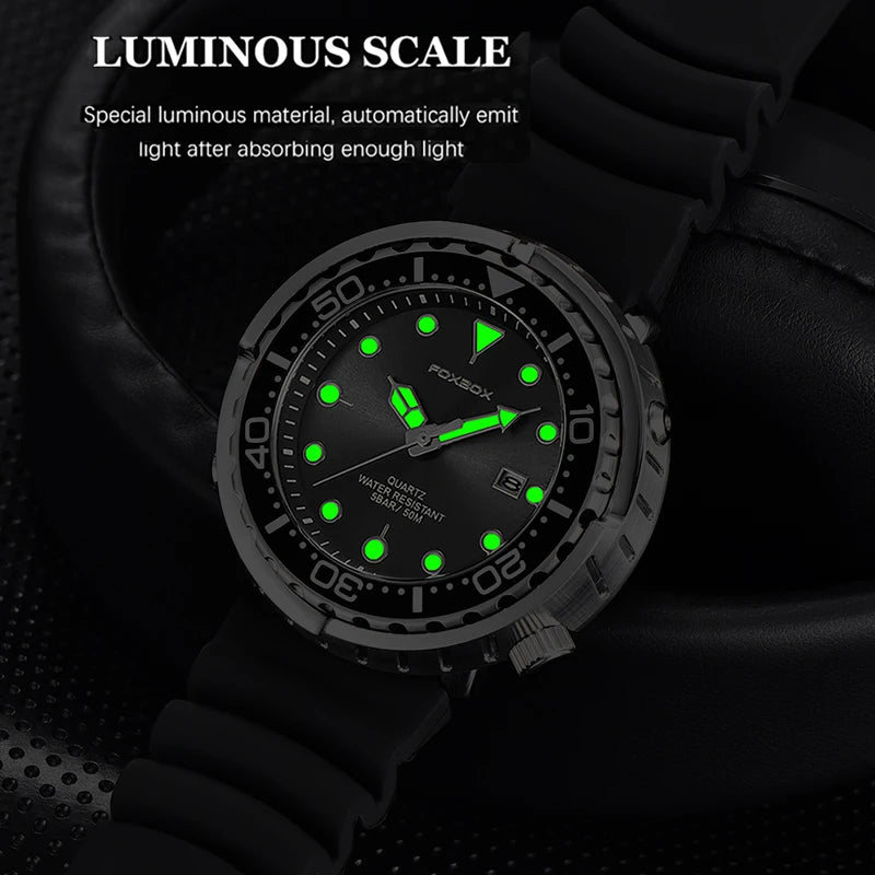 FOXBOX Shrouded Dive Watch — 50m Water Resistant, Auto Date, Luminous [Silicone & Metal Strap / Colour Options]
