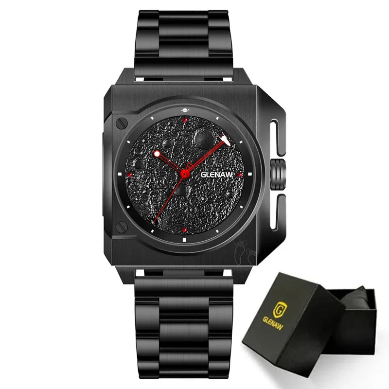 GLENAW GL8655 square automatic watch, black case and black dial, steel bracelet, gift box