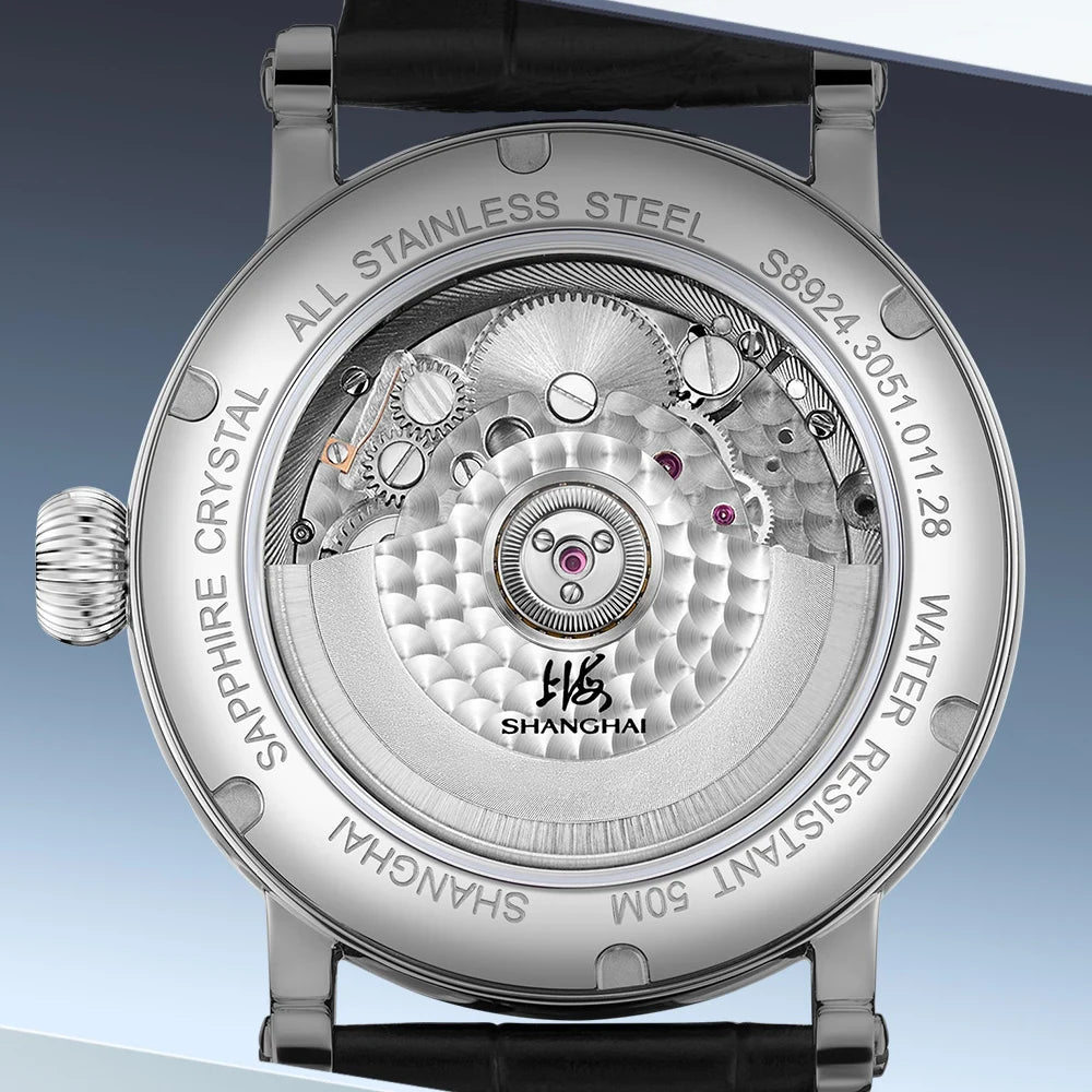 Shanghai S8924 — Guilloché Open-Heart Automatic Watch, Date & Week Display, Seagull ST2504 Movement, Sapphire Crystal, 50M Water Resistant