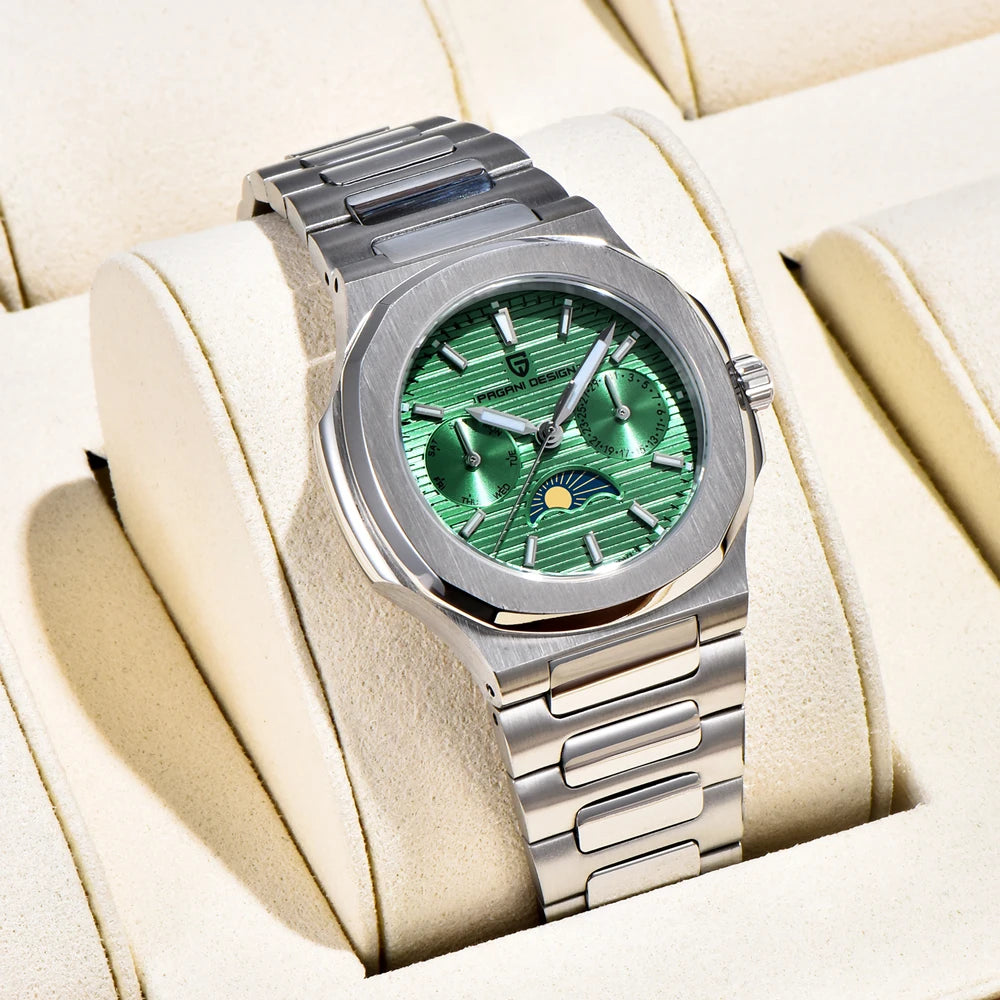 Stand Out Pagani Design PD-1786 — Women's Quartz Watch, Moon Phase & Day-Date, Ceramic Bezel [Multiple Colour Options]