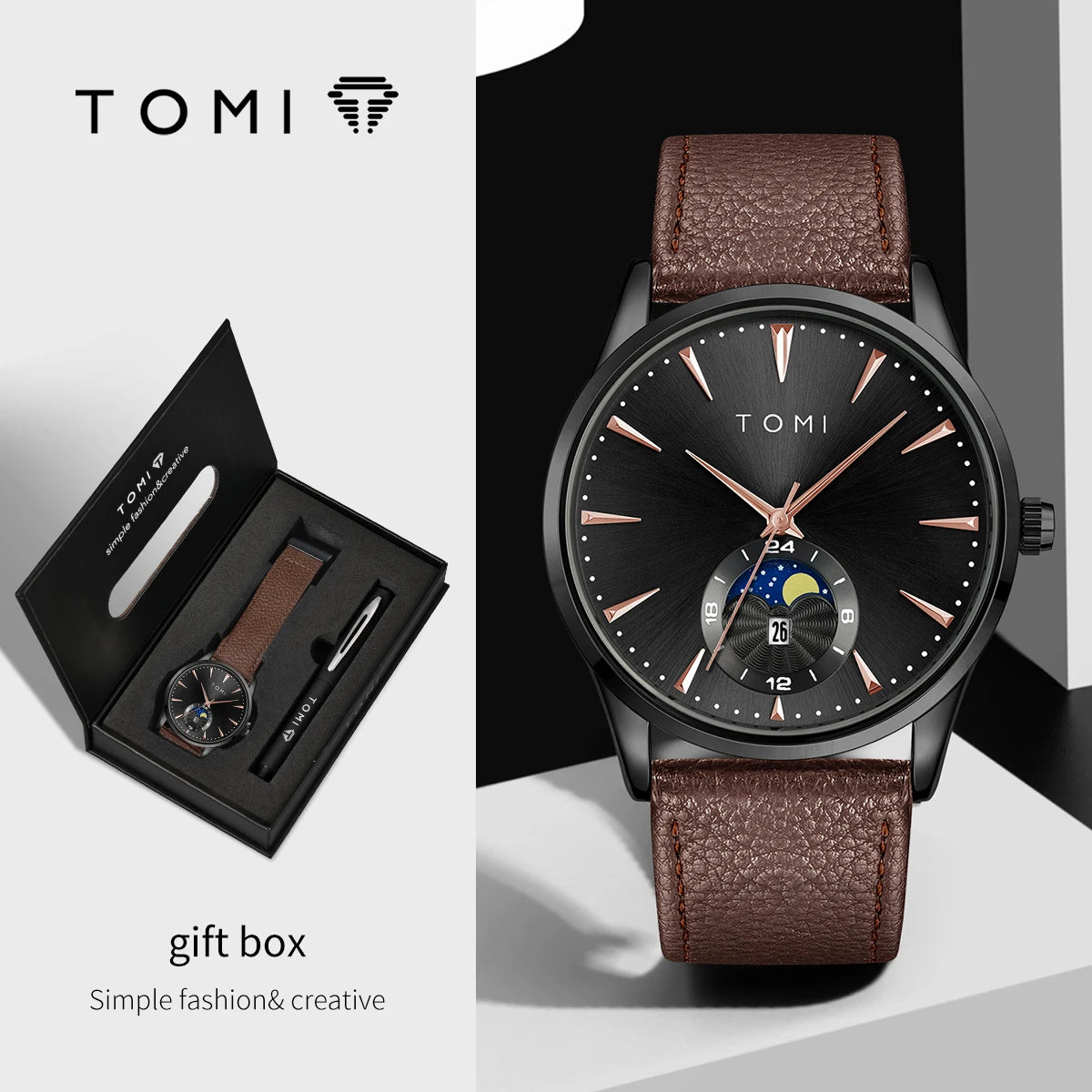 TOMI Men's Watch & Pen Gift Set — Sun & Moon Dial, Business Style, Boxed for Gifting [Colour Options]