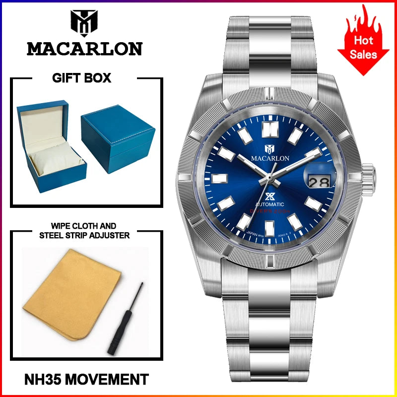 MACARLON 38mm Automatic Watch, Sapphire Crystal, Steel Bracelet, 200m Water Resistant