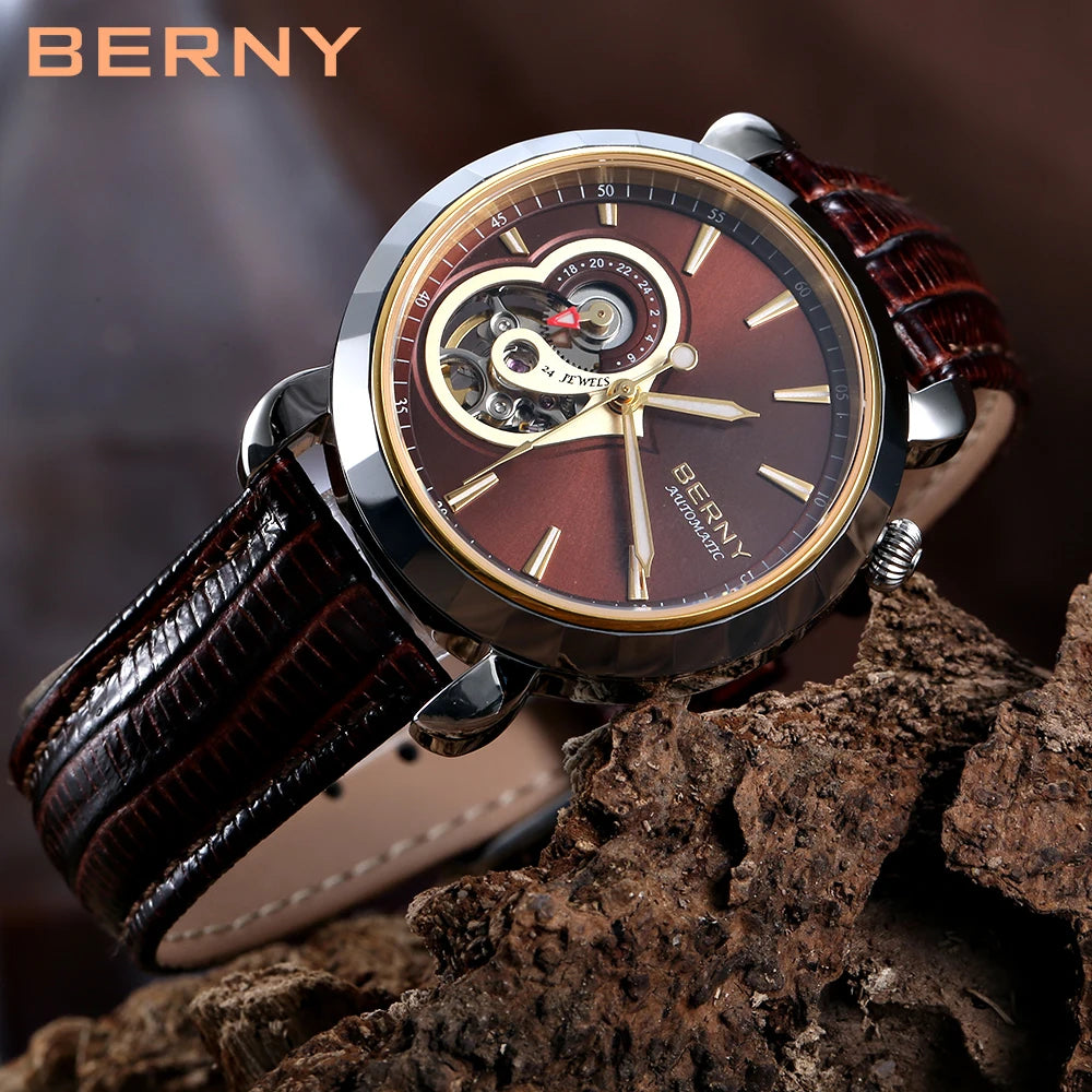 Beautiful BERNY AM107L — Women's Open Heart Automatic Watch, 24 Jewels, Genuine Leather Strap, Sapphire