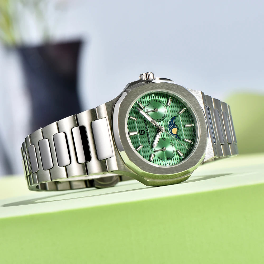 Stand Out Pagani Design PD-1786 — Women's Quartz Watch, Moon Phase & Day-Date, Ceramic Bezel [Multiple Colour Options]