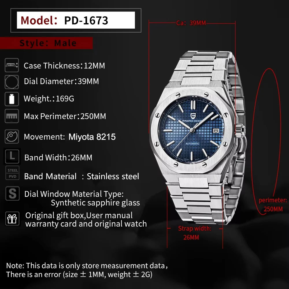 Pagani Design PD-1673 — Automatic Waffle Dial Fashion Watch, Octagonal Bezel, Integrated Bracelet