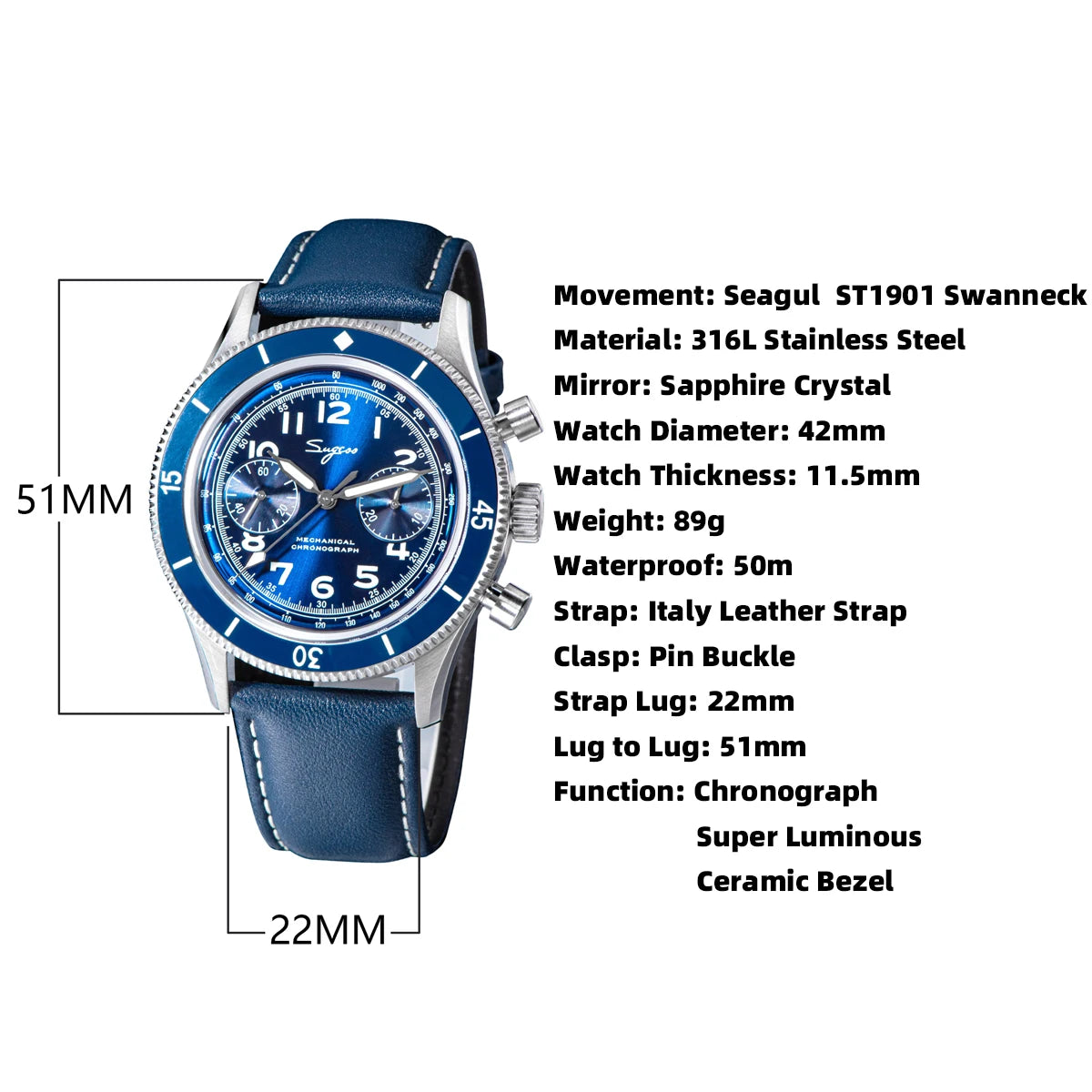 Sugess S423 — Genuine Seagull ST1901 Hand-Wind Chronograph, Pilot Style, Sapphire [Colour Options]