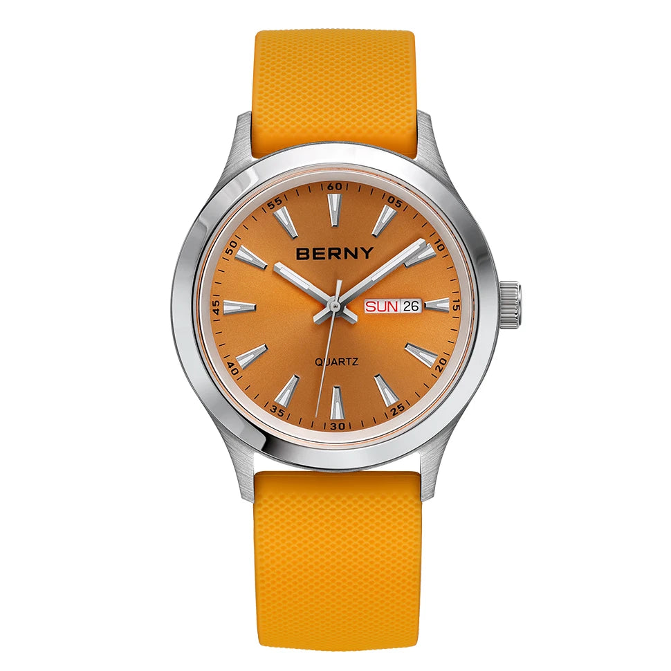 Beautiful  BERNY Everyday Watch — Complete Calendar, Genuine Japanese Movement, Silicone Strap