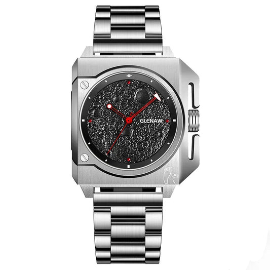 GLENAW GL8655 square moon dial automatic watch, silver case with black dial, red pointers, steel bracelet