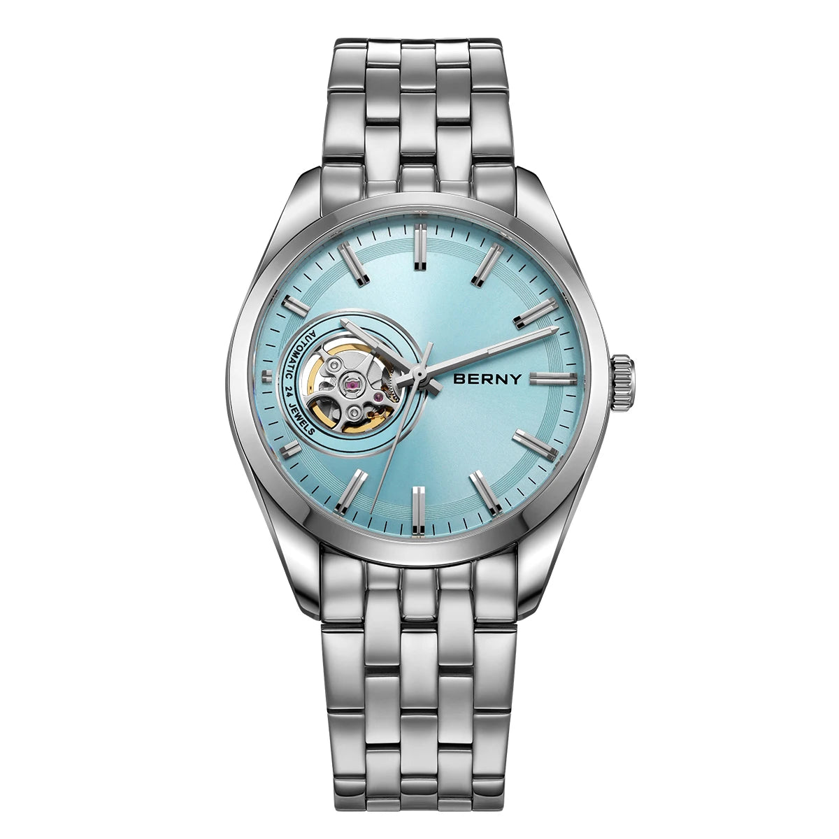 BERNY AM179M open-heart automatic mens watch, light blue dial, steel bracelet