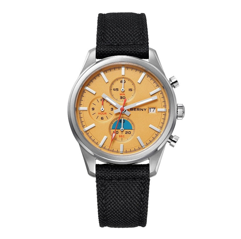 BERNY 2826M chronograph mens watch, orange dial, black canvas strap