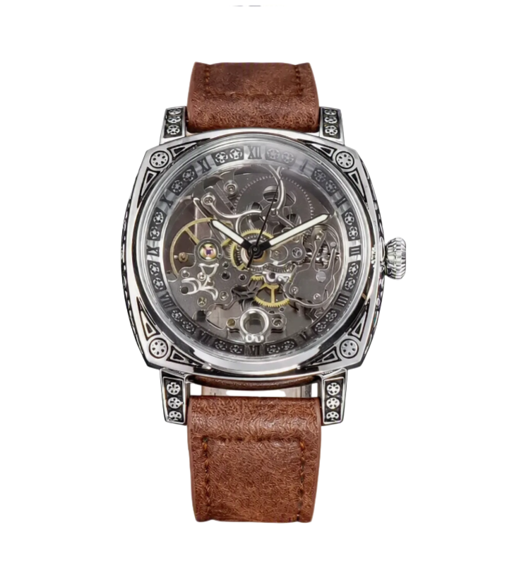 Skeleton Engraved Watch — Automatic Movement, Exhibition Case Back, Leather Strap  [Colour & Case Options]
