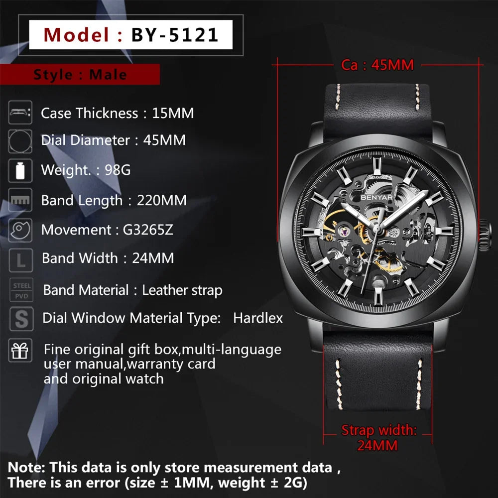 Watch for Men Luxury Skeleton Tourbillon Automatic Mechanical Mens Watch 30M Waterproof Leather Strap Sports Reloj Hombre