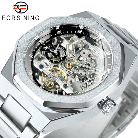 Tourbillon Skeleton Mechanical Watch for Men Luminous Hands Stainless Steel Strap Fashion Business Automatic Watches