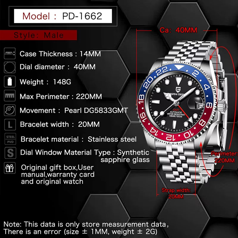 PD-1662 Luxury GMT Men Mechanical Wristwatch Sapphire Glass Stainless Steel 100M Waterproof Automatic Watches