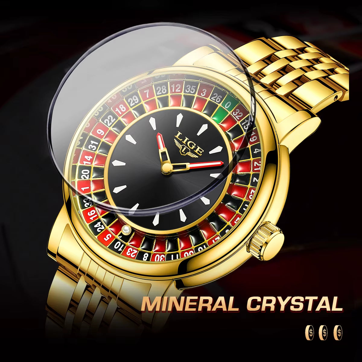 LIGE LG89161 Golden Roulette Watch Gambling Plate Rotating Dial Men'S Waterproof Shake Balls Casino Quartz Poker Wristwatch
