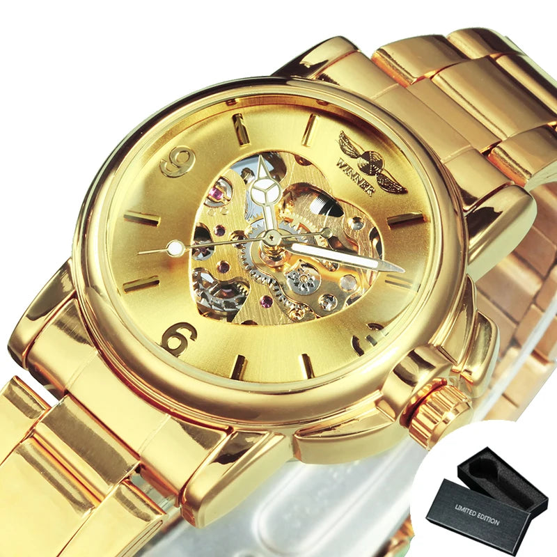 WINNER Elegant Ladies Watches Top Brand Luxury Gold Skeleton Automatic Mechanical Watch for Women Fashion Stainless Steel Strap
