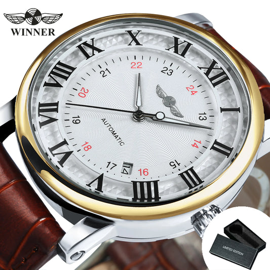 WINNER Fashion Business Mechanical Watches Date Display Minimalist Automatic Watch for Men Casual Brown Leather Strap Wristwatch